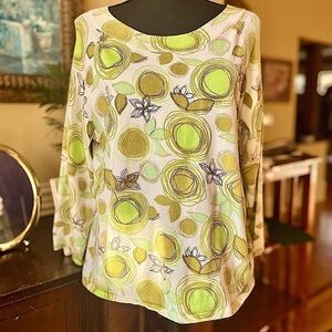Talbots Petite Long Sleeve Top Lime Olive Green White